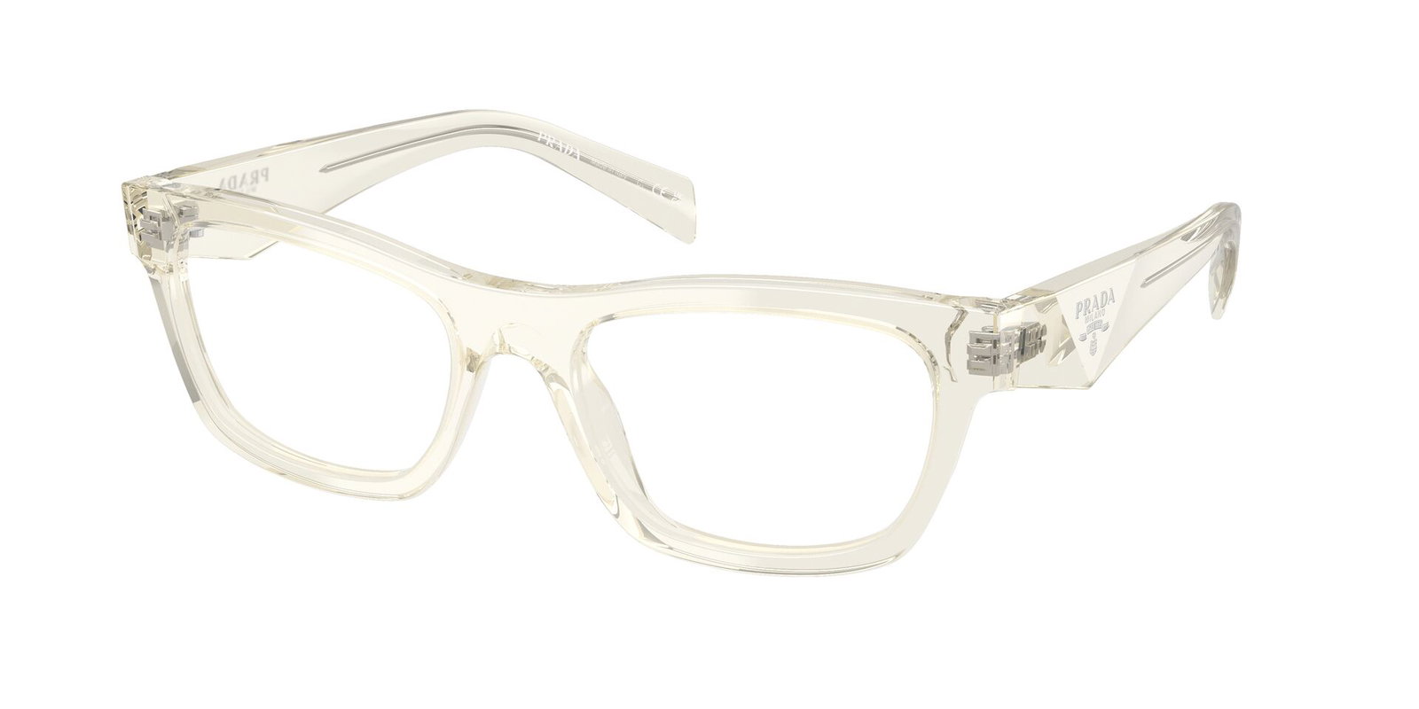 Das Bild zeigt die Prada Brille B01V in Blassgold beschichtetleicht schräg von der Seite.